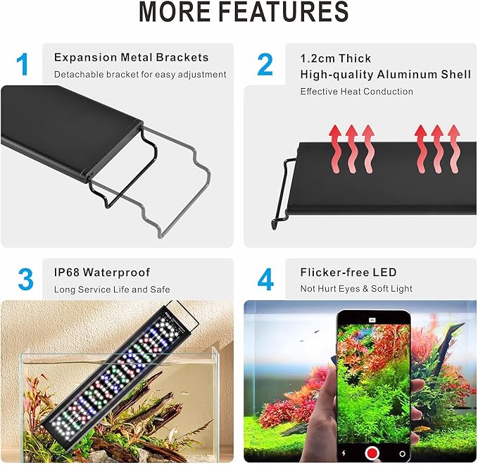 Advanced 7-Row LED Aquarium Light, Easy Setup Controller, Auto On Off Full Spectrum Fish Tank Light, 24/7 Lighting Cycle, 8 Colors, 10 Level Dimming, 20W for 12"-18" Freshwater Planted Tank