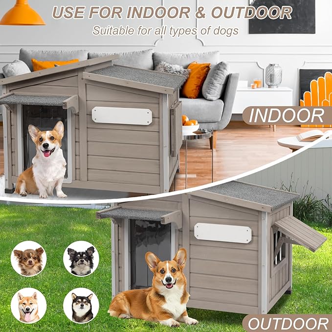 43" L Outdoor Extra Large Dog House with Removable Floor, Raised Feet, Anti-Chewing Iron Frame – Wooden Kennel with Asphalt Roof, Window for Indoor/Outdoor Use, Ideal for Medium to Large Dogs