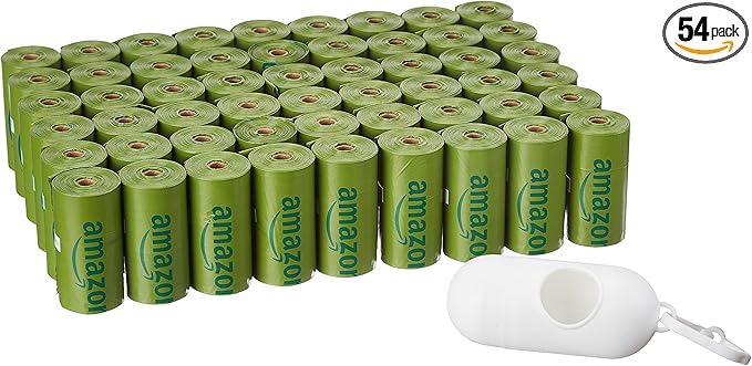 Amazon Basics Dog Poop Bags with Dispenser, 810 Count, Enhanced for Guaranteed Leakproof, Cucumber Scented, Includes Leash Clip