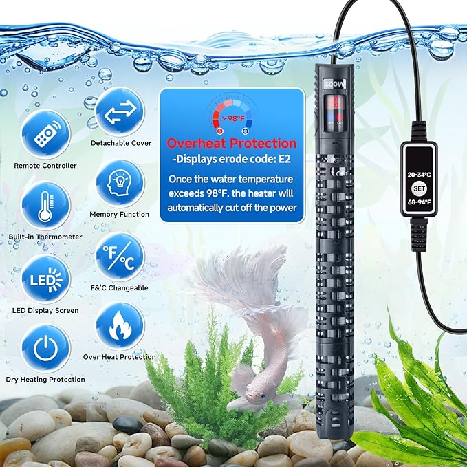 Aquarium Heater Submersible Fish Tank 500W& Turtle Tank Heater with External Adjustment Controller, Included Thermometer, LED Display, Overheat Protection, Detachable Cover, for Saltwater&Freshwater