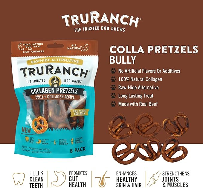 Collagen Pretzels, Bully - Collagen Dog Treats - Dog Pretzel Treats - Long Lasting Healthy Joint Support - Rawhide Alternative - Skin & Coat Health, Value Pack, 3 Bags, 24 Count