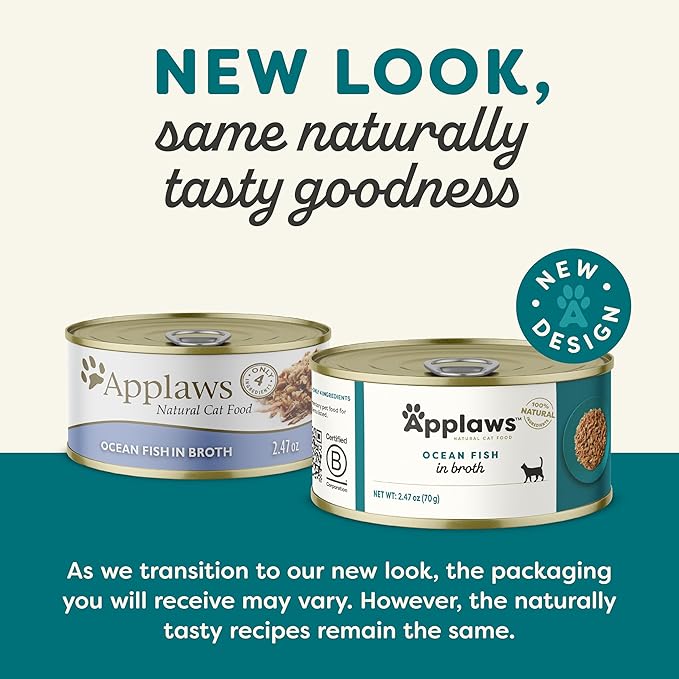 Applaws Natural Wet Cat Food, 24 Count, Limited Ingredient Canned Wet Cat Food, Ocean Fish in Broth, 2.47oz Cans