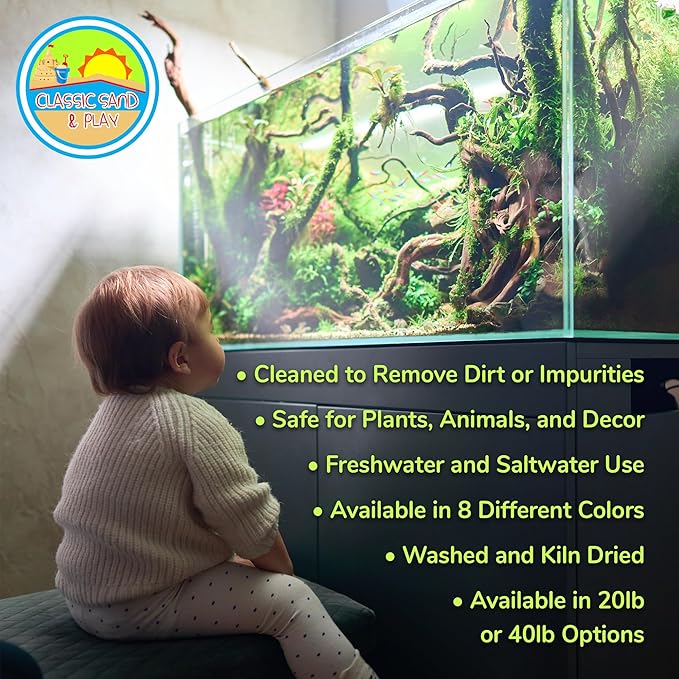 CLASSIC SAND & PLAY Natural Aquarium Sand for Freshwater and Saltwater Tanks, 40 lb. Bag, Improves Filter Life and Filtration Process, Pre-Washed Fine Sand, Natural