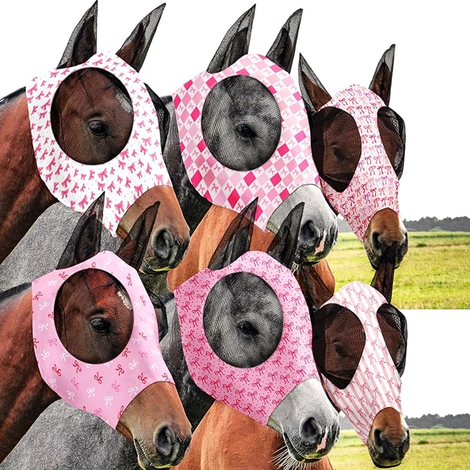 Chunful 6 Pcs Horse Fly Masks with Ears Smooth and Comfortable Cashel Mesh Fly Mask Elasticity Breathability UV Protection Horse Face Covering for Riding Supplies(Pink Bow,Medium)