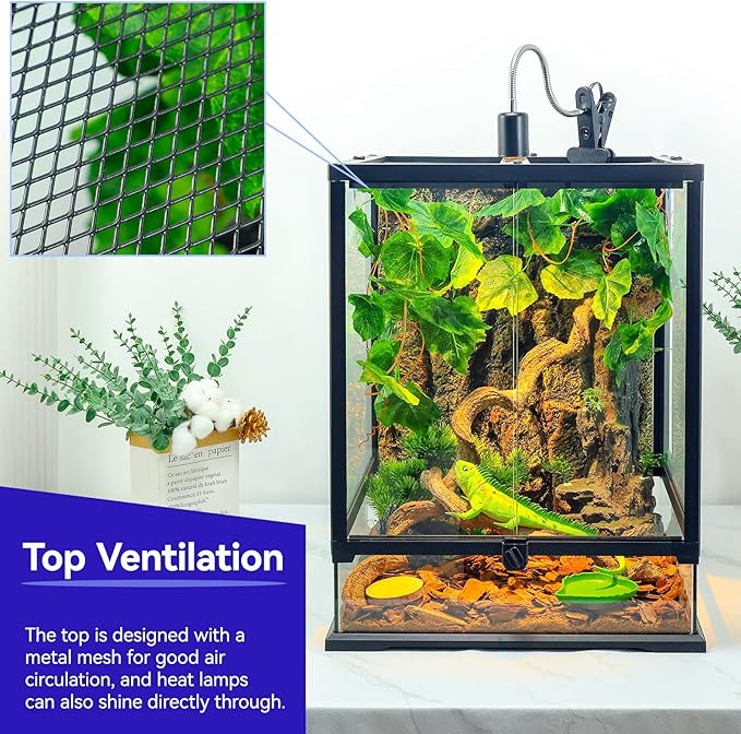 360° Clear View 12 Gallon 18x12.6x12.6 Glass Reptile Terrarium Suitable for Bearded Dragon, Chameleon, Crested Gecko, Multi-Pet Enclosure with Front Door, Excellent Ventilation, Hidden Wiring Holes