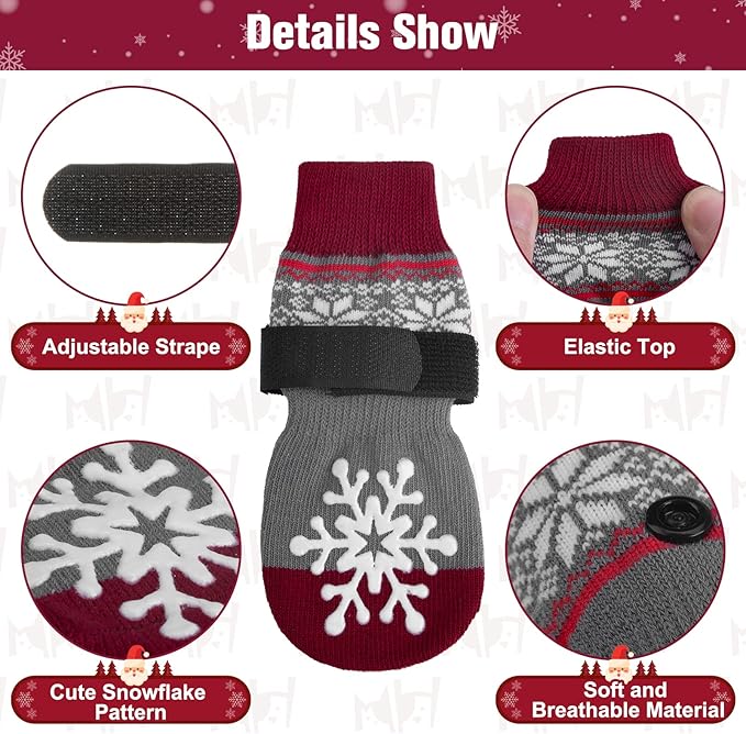 BEAUTYZOO Christmas Winter Anti-Slip Dog Socks with Grips Traction Control for Small Medium Large Dogs, Non Skid Indoor Double Side Pet Paw Protector for Hardwood Floor Wear, Snowflake S