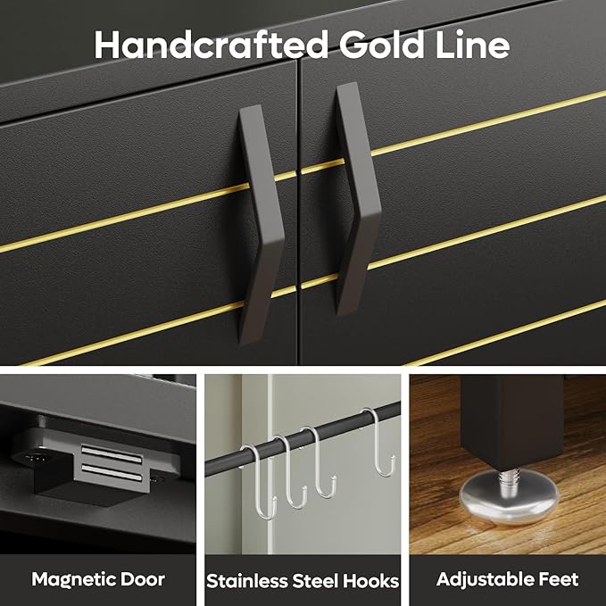 Bestier 20-29 Gallon Fish Tank Stand with Power Outlets, Metal Long Aquarium Stand with Storage Cabinet, 31x15 Reptile Terrarium Stand with Horizontal Gold Line, Stainless Hooks, 350 Lbs(Black)