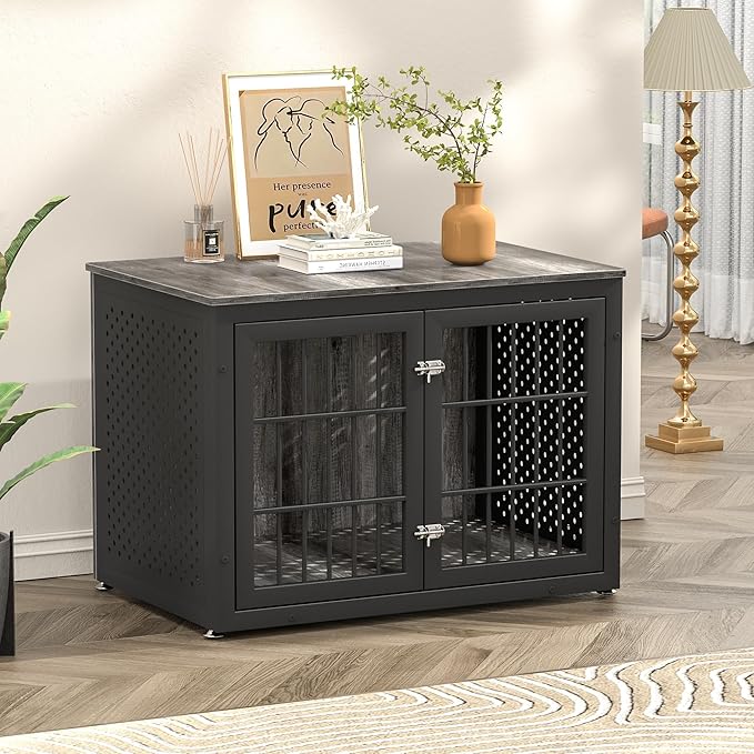 38" Heavy Duty Dog Crate Furniture for Large and Medium Dogs,Wooden Metal Kennel for High Anxiety Dogs, Chew Proof Cage Indoor, Decorative Kennel End Table