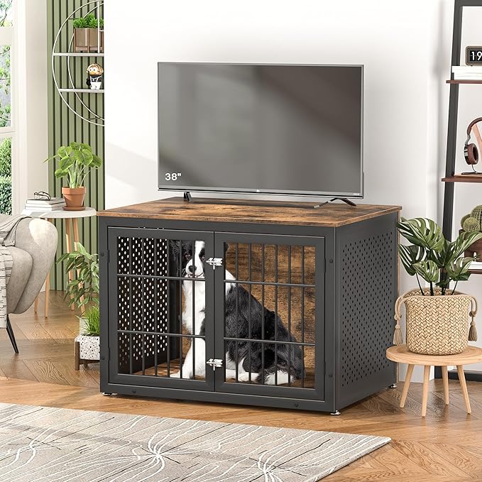 42" Heavy Duty Dog Crate Furniture for Large and Medium Dogs, Enclosed Design Wooden Metal Kennel, Wooden Cage Furniture Indoor, Decorative Dog Kennel End Table