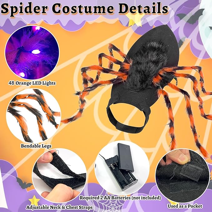 Camlinbo 24 LED Spider Dog Halloween Costume for Small Medium Large Dogs, Furry Spider with LED Lights Puppy Pet Costume Outfits Clothes Funny Halloween Costume Party Cosplay