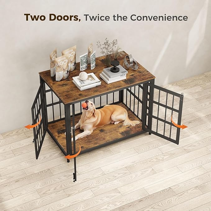 38 Inch Heavy Duty Wooden Dog Kennel End Table with Double Door Design and Secure Locks, Indoor Pet Crate Furniture for Medium Dogs, Decorative Home Cage Design,Aged Black