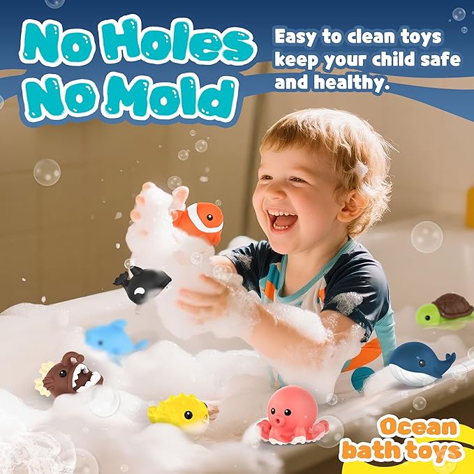 8 PCS Ocean Animal Bath Toys Mold Free Infant Bath Tub Toys for 12 Months - No Hole Bathtub Toys for Toddlers 1-3 Water Pool Toys for Baby Toddler Ages 1+