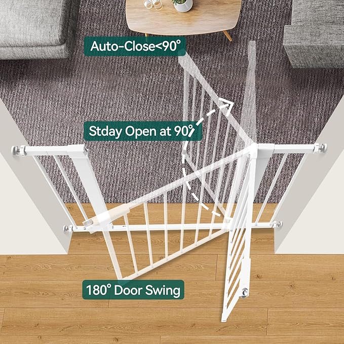Babelio Metal Baby Gate, 29-43" Auto Close Easy Install Pet Gate, Extra Wide Walk Thru Child Safety Gate, 30" Tall Pressure Mounted Dog Gate for Doorways & Stairs, White