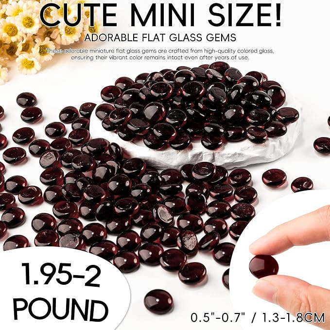2 LB Dark Red Glass Marbles, Mini Flat Glass Beads for Vase Fillers, Floral Bottom Mancala Gems Pebbles Fish Tank Rocks for Table Aquarium,Home Decor Art Craft Supplies(0.5"~0.7")