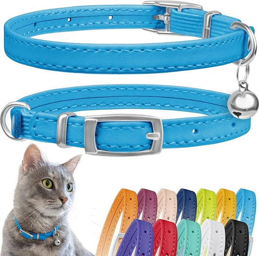 CollarDirect Leather Cat Collar, Kitten Collar with Removable Bell Black Blue Red Orange Lime Green (8-11 Inch, Light Blue)
