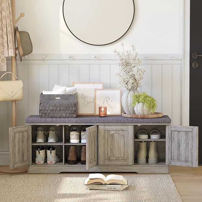 DINZI LVJ Shoe Bench, Entryway Storage Bench with Doors, Cushion, 2-Tier Shoe Rack with 8-Cubby, 47.2”L x 13.8”W Shoe Organizer Cabinet, Adjustable Shelf, Living Room, Bedroom, Gray Wash