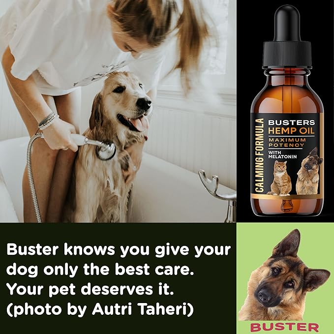 Busters Calming Hemp Oil, Enriched with Melatonin for Dogs, Cats, Pets, Sleep, WEL Being and an Ideal Omega Ratio, Adrenal and Cushings Support