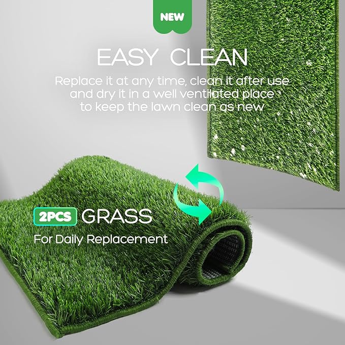 Dog Grass Pad with Tray, 34×23in Large Litter Box, 2×Grass Pad for Dogs Potty Washable, Thick Soft Odor-Free Hemmed Dog Pee Grass, Indoor Potty Training Balcony