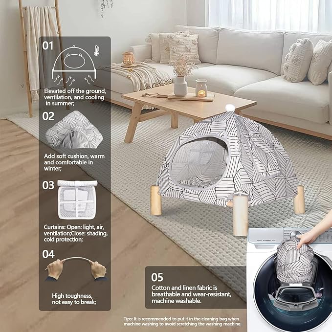 2-in-1 Elevated Cat Tent Cat House, Quick Assembly and Disassembly, Portable Indoor/Outdoor Cute Cat Bed Cave-White Diamond Pattern