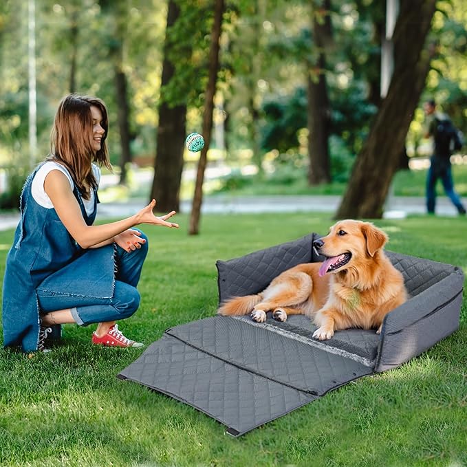 Dog Car Seat for Large/Medium Pet, Anti Slip Bottom Dogs Booster Seat for All Seasons,Pet Travel Bed with Thick Dog Sofa Cushion, Storage Pockets 2 Safety Leashes