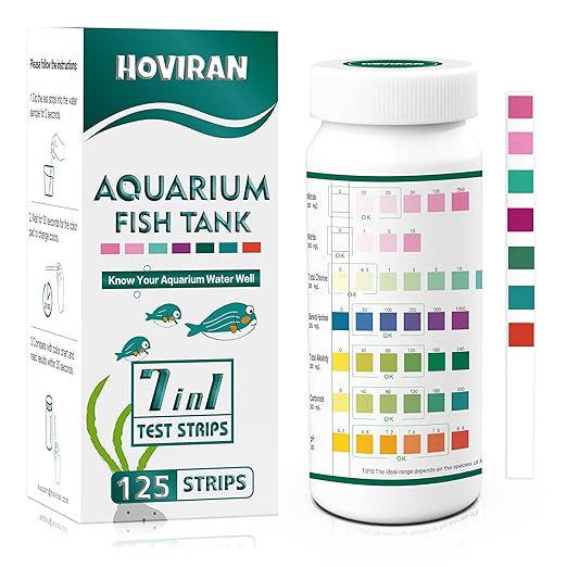 7 Way Aquarium Test Strips, 125 Count Fish Tank Test Strips for Freshwater Saltwater Pond, Water Testing Kit Aquarium for Chlorine, Total Hardness, Carbonate, Alkalinity, Nitrate, Nitrite and pH