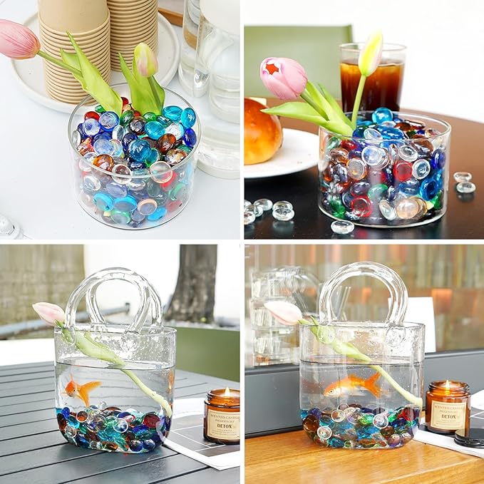 1LB Mixed Color Flat Glass Marbles for Vases, Mancala Stones Gemstone Beads Vase Filler Decorative Glass Pebbles for Fish Tank, DIY Crafts, Mosaics, Aquarium Decor Rocks, Candle Holders