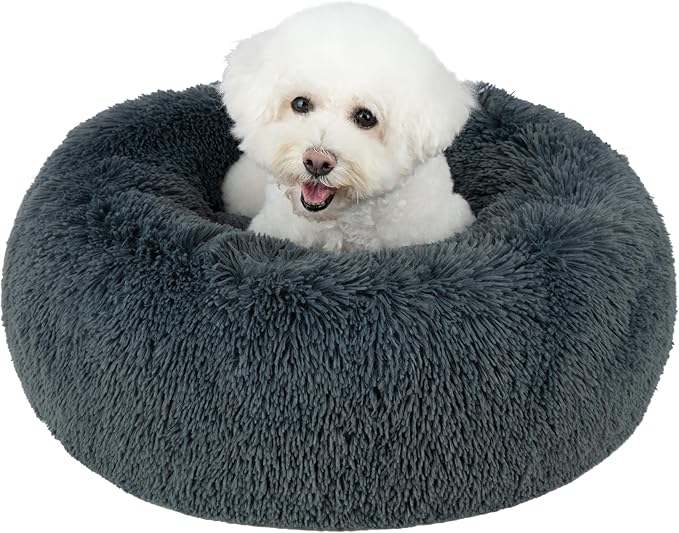 Best Pet Supplies Round Donut Dog Bed with Plush Faux Fur Fabric, Calming, Anti-Anxiety Cushion for Indoor Pets, Slip-Resistant Base, Soft Ergonomic Support - Gray, 27x27x7.5''