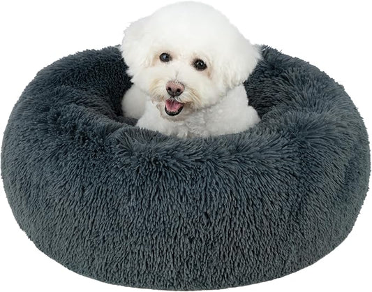 Best Pet Supplies Round Donut Dog Bed with Plush Faux Fur Fabric, Calming, Anti-Anxiety Cushion for Indoor Pets, Slip-Resistant Base, Soft Ergonomic Support - Gray, 27x27x7.5''