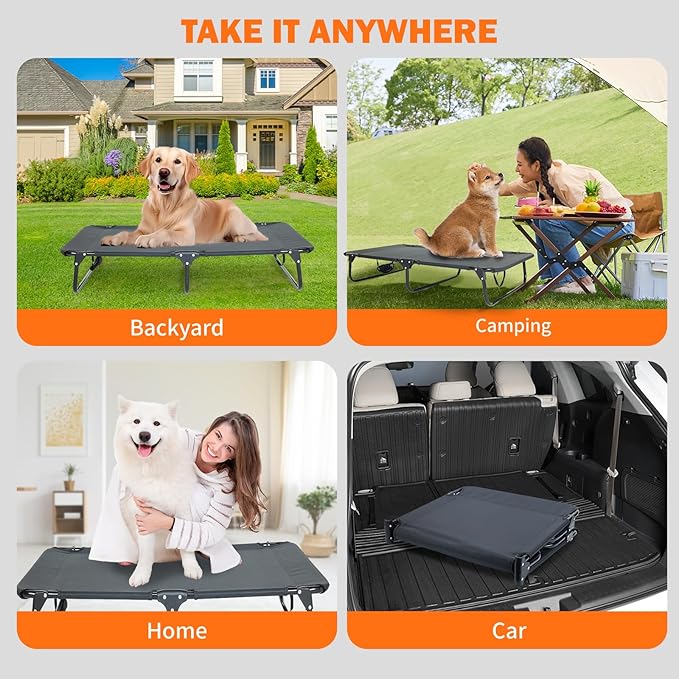 Dog Elevated Bed Foldable Portable Raised Bed Camping cot Outdoor Summer Dog Bed (Large, Grey-Textilene)