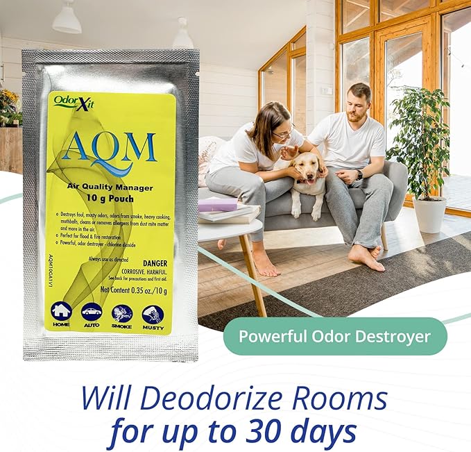 AQM by OdorXit, Air Quality Manager Chlorine Dioxide Odor Removal Packet, Dog Odor Eliminators for Home, Wet Dog Smell & Car Deodorizer, Strong Smell Neutralizer, 10g