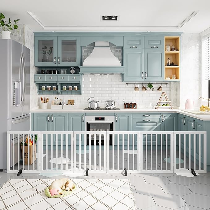 Dog Gates for Doorways Extra Wide 110inches (9ft), Wooden Freestanding Pet Gates for Dogs with 4 Support Stands, Foldable Gates for Dogs Indoor