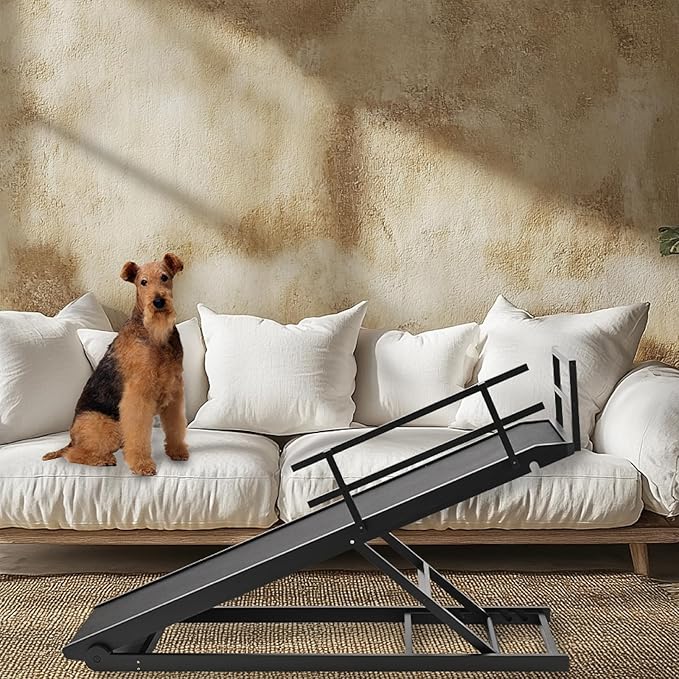 Dog Ramp for Bed, 5 Level Adjustable Dog Ramp for High Beds, Upgrade Rubber Mat High Traction Ramp with Safety Rails, Folding Pet Ramp for Bed, Couch,SUV, Natural Wood Pet Ramp for Small & Old Dogs