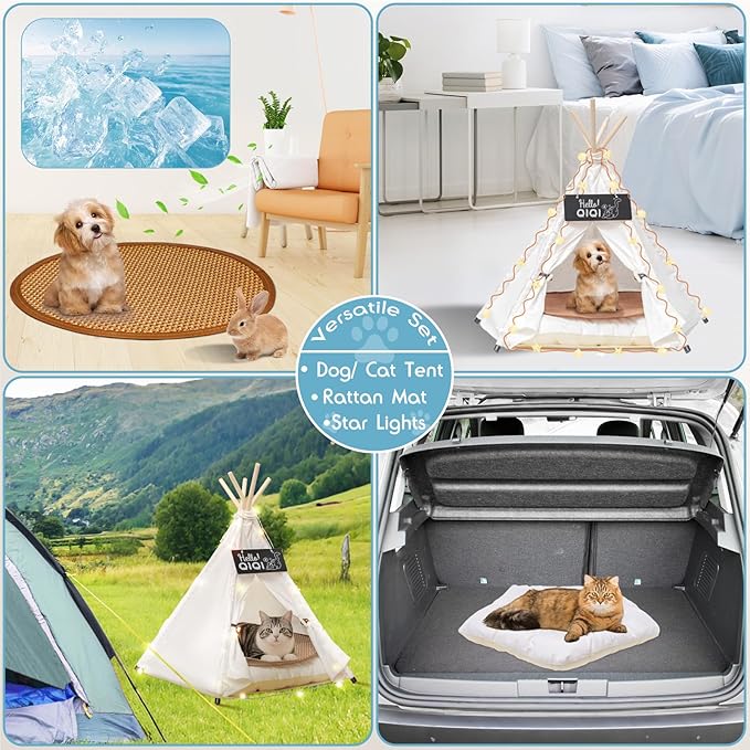 16" Dog& Cat Teepee Tent +20" Pet Cooling Mat +10ft Star String Light [2-Modes],Cotton Thicked Soft Comfort Anti-Slip Cushion (Used/Wash Separately), Small Pets Tents House Indoor or Outdoor