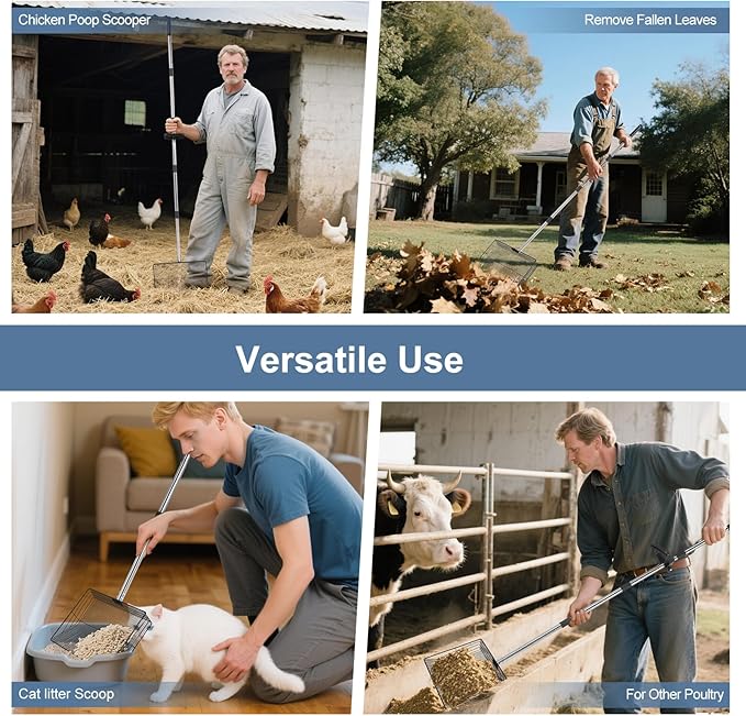 15" Widely Chicken Coop Poop Scooper- Ergonomic Chicken Poop Scooper with 38" to 77" Adjustable Long Handle, Extra-Large Scoop for Sand and Litter, Easy-to-Clean, Multi-Scene Use for Poultry