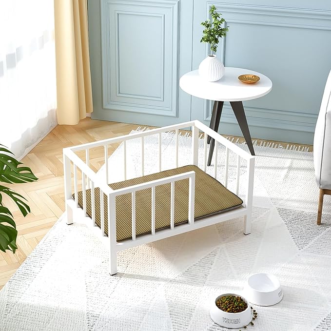 Dog Bed with Rails - Elevated Pet Metal Bed Frame with Solid Wood Board and Washable Soft Mat for Small Dog Indoor or Outdoor Use, 21.3" x 30 ", White