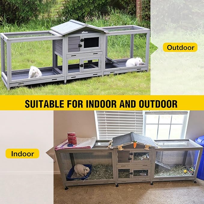 Aivituvin Rabbit Hutch Large 2-Story Bunny Cage Indoor Outdoor on Wheels Bunny House with Run,Pull-Out Tray