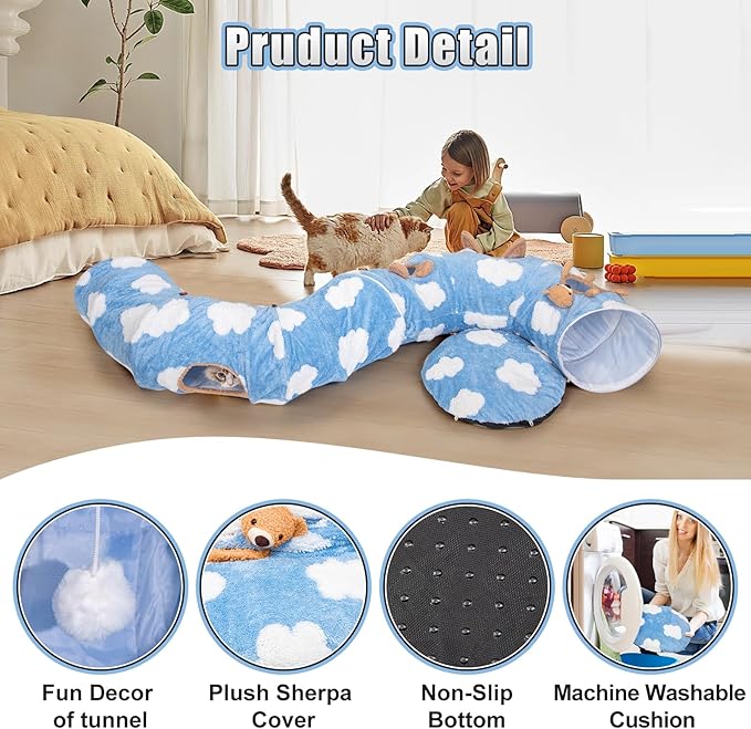 Cat Tunnel Bed, Cat Tunnels for Indoor Cats with Washable Circle Cushion, Multifunctional Peekaboo Cat Cave Donut Tubes Tunnel for Cat Kitty Kitten Puppy Rabbit Ferret (Sky Blue)