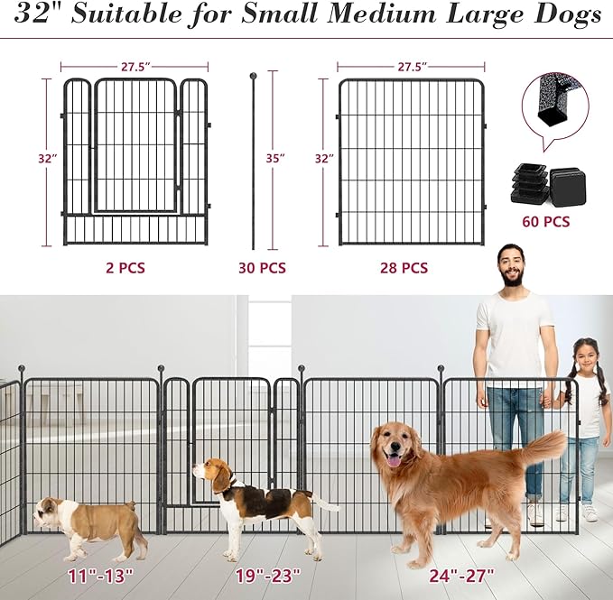 Dog Playpen 32 inch 30 Panels Indoor Outdoor Dog Pen for Medium/Small Dogs Heavy Duty Metal Dog Fence Outdoor for Yard, Puppy Playpen with Door Portable Pet Fence for RV Camping Yard