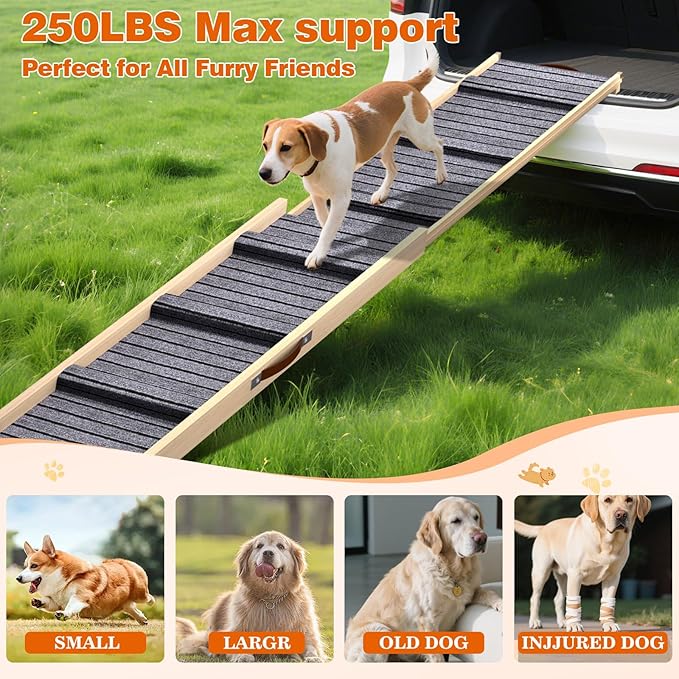 Dog Ramp for Car, 71''x 17'' Extra Long Deluxe Telescoping Design Wooden Pet Ramp, Pet Stair Ramps for Truck SUV with Non-Slip Surface, Portable Outdoor Dog Steps for Medium Large Dogs, Up to 250LBS