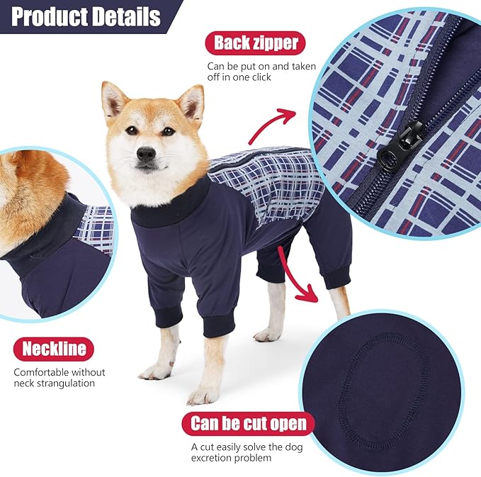 Dog Recovery Suit, Abdominal Wound After Surgery Wear, Anti Licking Bodysuit with Zipper, E-Collar & Cone Alternatives, Plaid Dog Spay Surgical Shirt Prevent Shedding(2XL, Blue)