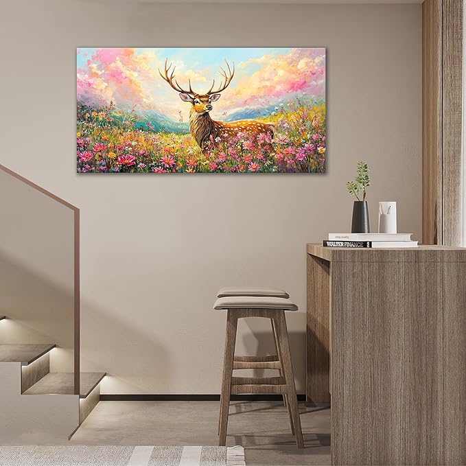 Deer Large Wall Art Wildflower Landscape Pictures Rustic Flowers Wall Decor Wild Animal Nature Canvas Print Painting Artwork for Bathroom Living Room Bedroom 30"x60"