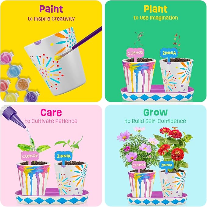 4 Set Paint & Plant Flower Gardening Kit - Gifts for Girls Ages 8-12, Arts and Crafts for Kids Ages 8-12, Kids Gardening Set, Birthday Toys Gifts for Girls Boys Ages 6 7 8 9 10 11 12