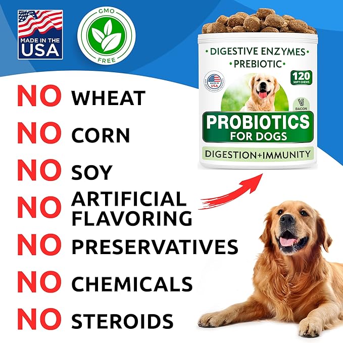 Bark&Spark Dog Probiotics & Digestive Enzymes (Gut Health) Allergy & Itchy Skin - Pet Diarrhea Gas Treatment Upset Stomach Relief, Digestion Health Prebiotic Supplement Large Dog Treats (240Ct Bacon)