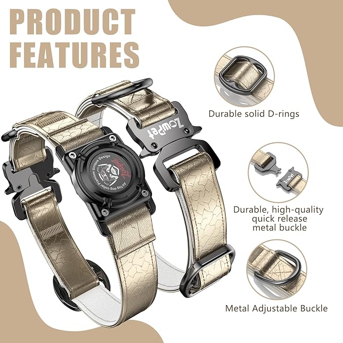 Airtag Dog Collar - Leather Dog Collar with Airtag Holder| IP68 Waterproof AirTag Holder with Metal Buckle, Comfortable GPS Dog Collars Tracker for Medium Large Dogs (Champagne Gold, XL)