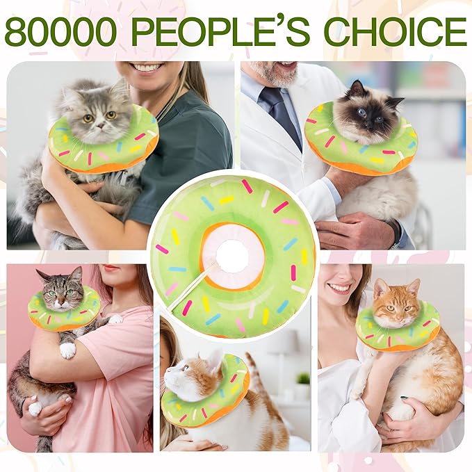 Cat Cone Collar Soft, Cute Cat Donut Collar After Surgery, Adjustable Kitten Recovery Cones to Stop Licking, Lightweight Neck Elizabethan Collars for Cats Kittens (Green, Medium)