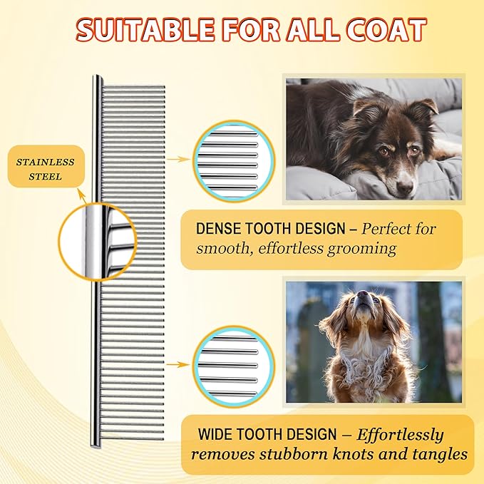 Dog Comb and Cat Combs Stainless Steel Teeth, Grooming Tool for Long & Short Hair, Dematting Comb for Dogs, Removes Tangles & Knots (Small and Large Silver)