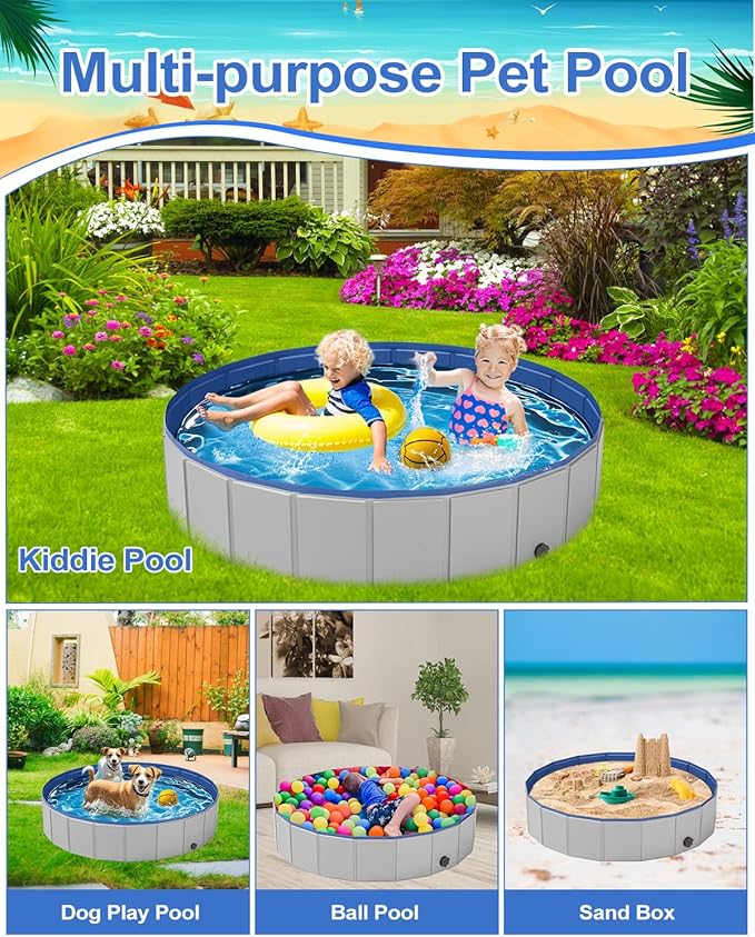 Dog Pool for Medium Dogs, Foldable Plastic Pool for Dogs Slip-Resistant (40''x 12'')