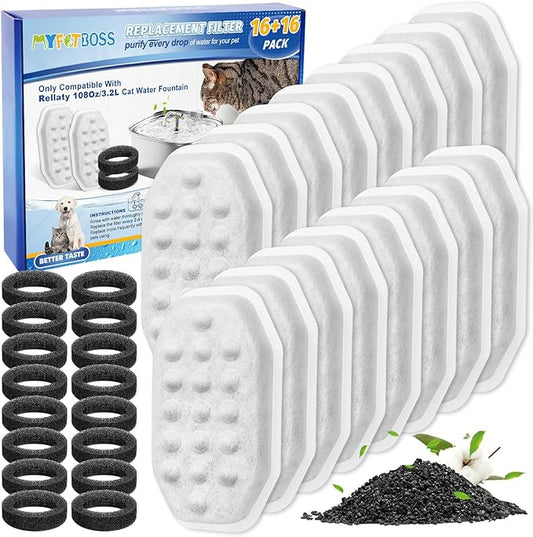 16+16 Pack Pet Water Fountain Filter Compatible with Rellaty & Fit for Neareal 108oz/3.2L Automatic Dog Water Dispenser, Cat Filters for Fountain Cat Bowl