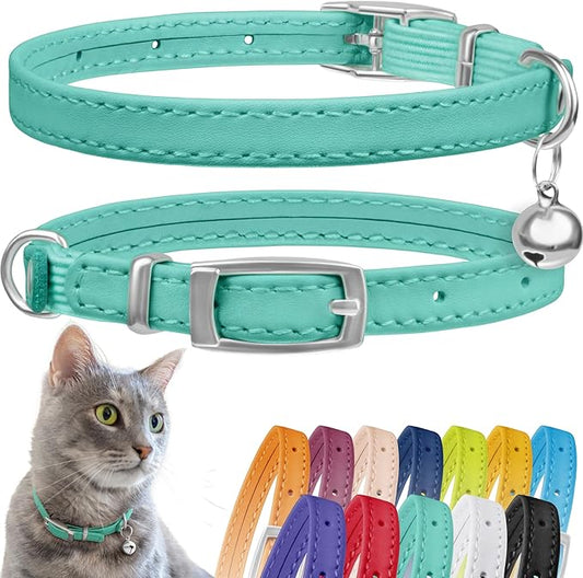 CollarDirect Leather Cat Collar with Bell - Kitten Collar, Small and Big Cat Collar for Boy Cats, Girl Cats with Safety Elastic Strap (Neck Fit 8"-11", Mint Green)