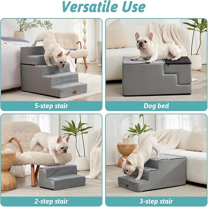 Dog Stairs for Small Dogs, 5 Tier Removable Wider Pet Stairs for Couch and Bed, 23.6" H Non-Slip Dog Steps for Puppies and Old Cats with Support Board, 29.5x19.7x23.6 inch, Grey